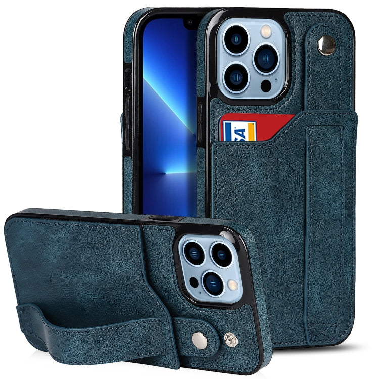 For iPhone 13 Pro Max Crazy Horse Texture Shockproof TPU + PU Leather Case with Card Slot & Wrist Strap Holder