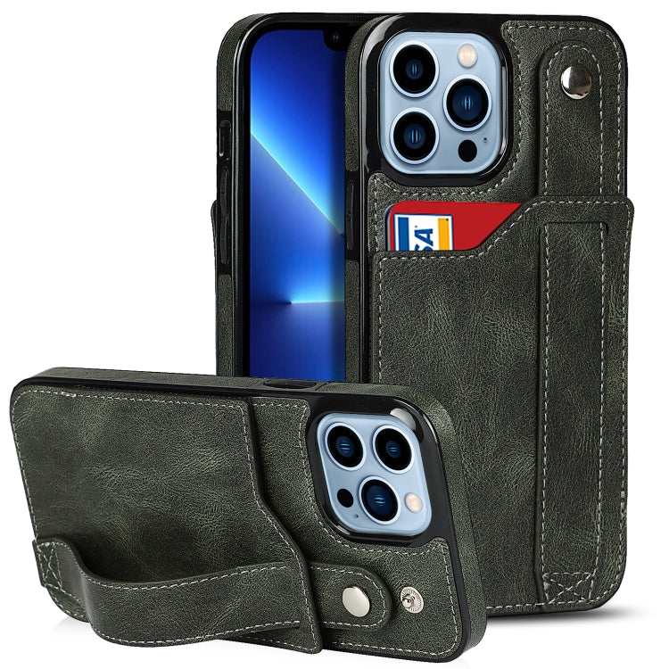 For iPhone 13 Pro Max Crazy Horse Texture Shockproof TPU + PU Leather Case with Card Slot & Wrist Strap Holder