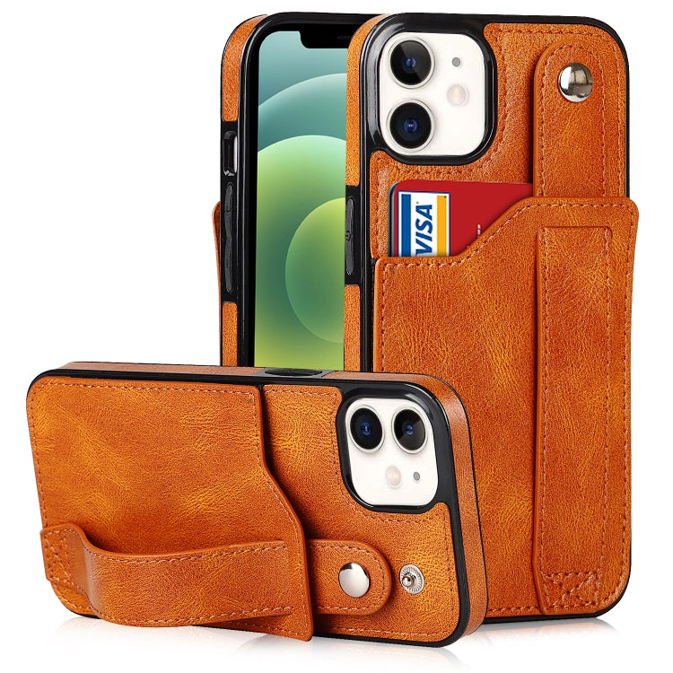 For iPhone 12 mini Crazy Horse Texture Shockproof TPU + PU Leather Case with Card Slot & Wrist Strap Holder