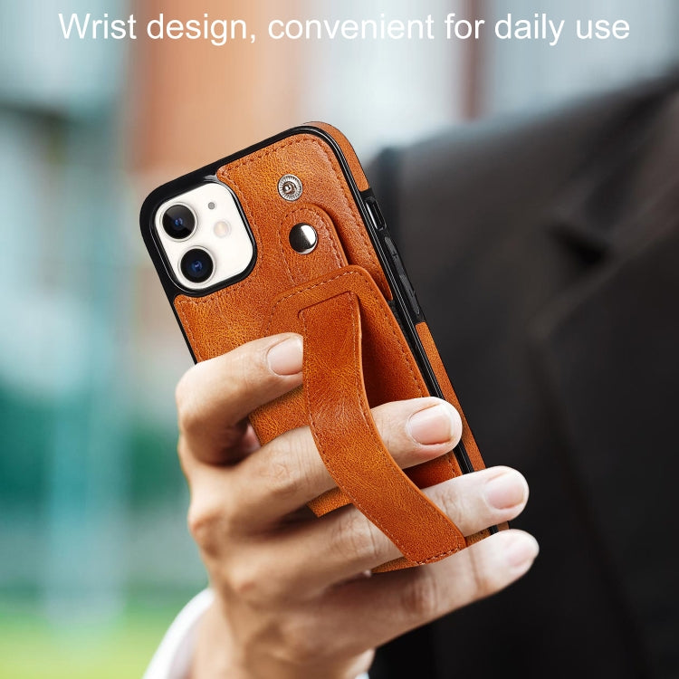 For iPhone 12 mini Crazy Horse Texture Shockproof TPU + PU Leather Case with Card Slot & Wrist Strap Holder