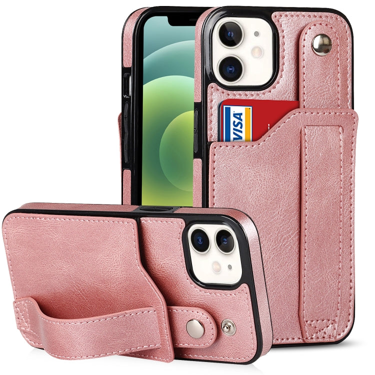 For iPhone 12 mini Crazy Horse Texture Shockproof TPU + PU Leather Case with Card Slot & Wrist Strap Holder