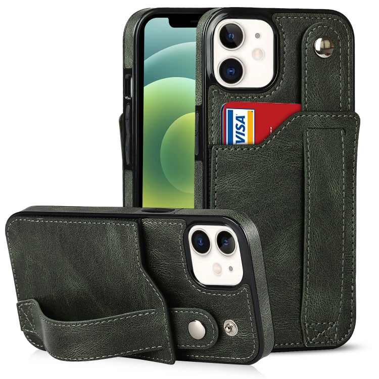 For iPhone 12 mini Crazy Horse Texture Shockproof TPU + PU Leather Case with Card Slot & Wrist Strap Holder