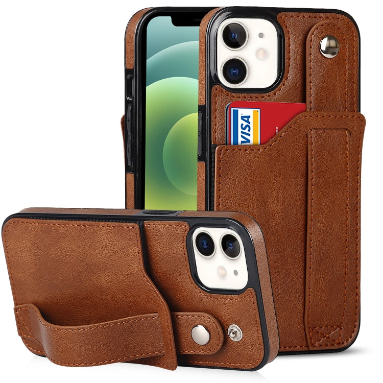 For iPhone 12 mini Crazy Horse Texture Shockproof TPU + PU Leather Case with Card Slot & Wrist Strap Holder