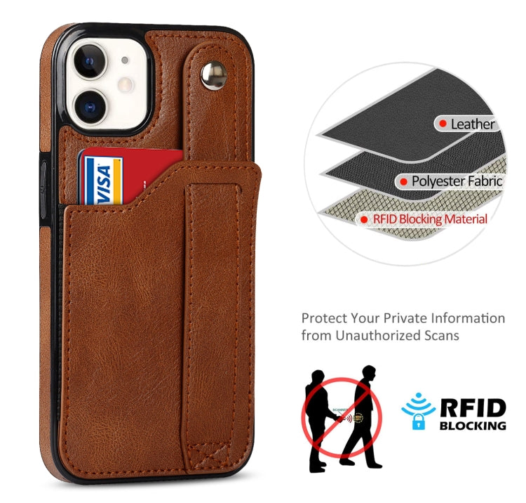 For iPhone 12 mini Crazy Horse Texture Shockproof TPU + PU Leather Case with Card Slot & Wrist Strap Holder