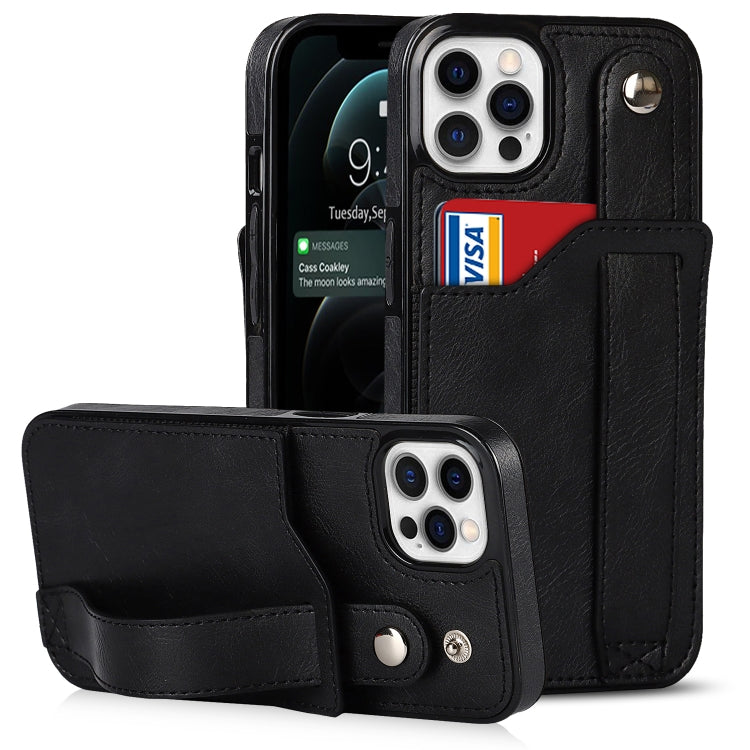 For iPhone 12 / 12 Pro Crazy Horse Texture Shockproof TPU + PU Leather Case with Card Slot & Wrist Strap Holder