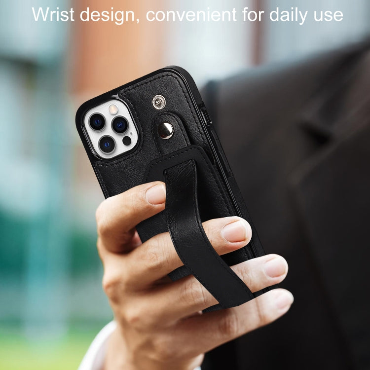 For iPhone 12 / 12 Pro Crazy Horse Texture Shockproof TPU + PU Leather Case with Card Slot & Wrist Strap Holder