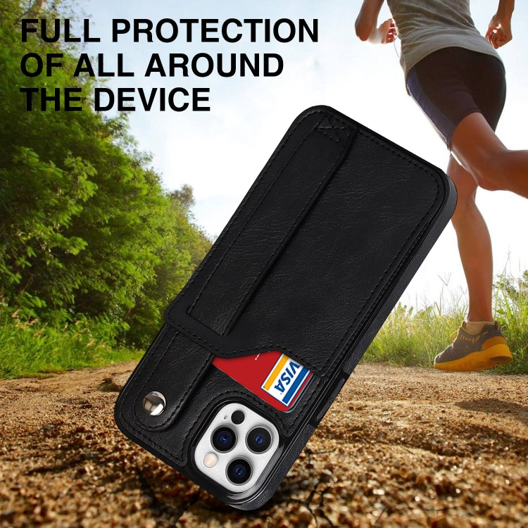 For iPhone 12 / 12 Pro Crazy Horse Texture Shockproof TPU + PU Leather Case with Card Slot & Wrist Strap Holder