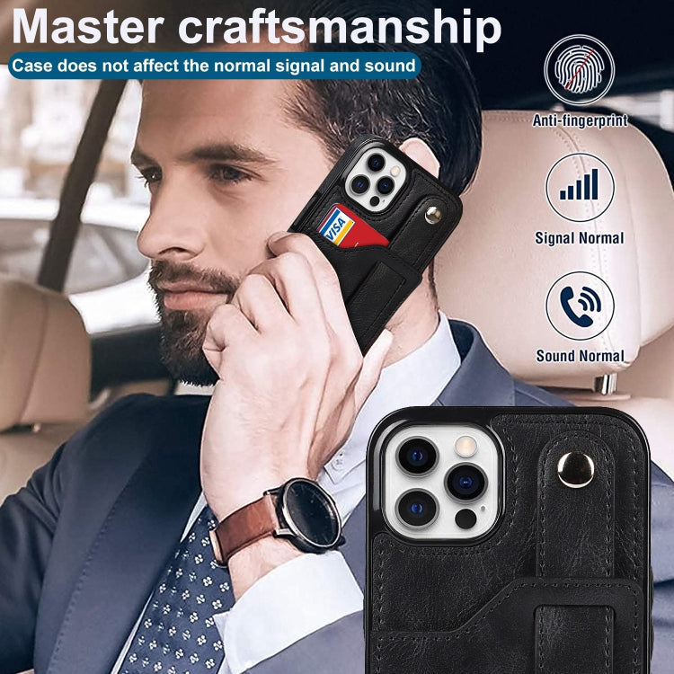 For iPhone 12 / 12 Pro Crazy Horse Texture Shockproof TPU + PU Leather Case with Card Slot & Wrist Strap Holder