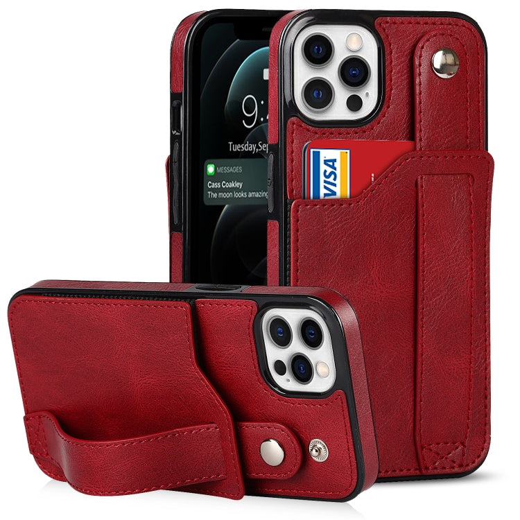 For iPhone 12 / 12 Pro Crazy Horse Texture Shockproof TPU + PU Leather Case with Card Slot & Wrist Strap Holder