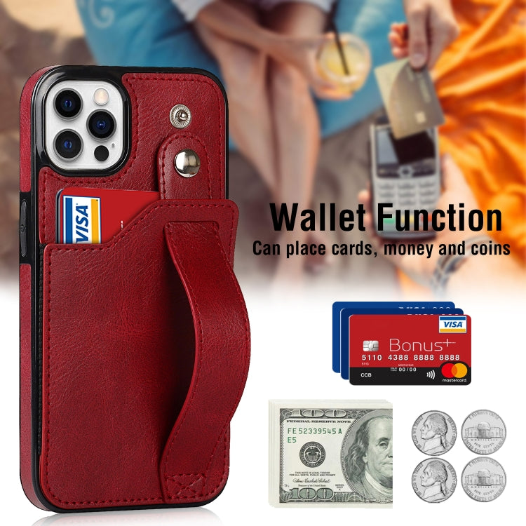 For iPhone 12 / 12 Pro Crazy Horse Texture Shockproof TPU + PU Leather Case with Card Slot & Wrist Strap Holder