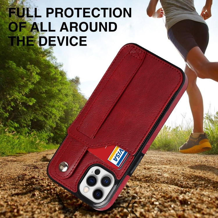 For iPhone 12 / 12 Pro Crazy Horse Texture Shockproof TPU + PU Leather Case with Card Slot & Wrist Strap Holder