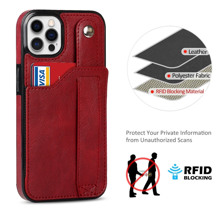 For iPhone 12 / 12 Pro Crazy Horse Texture Shockproof TPU + PU Leather Case with Card Slot & Wrist Strap Holder
