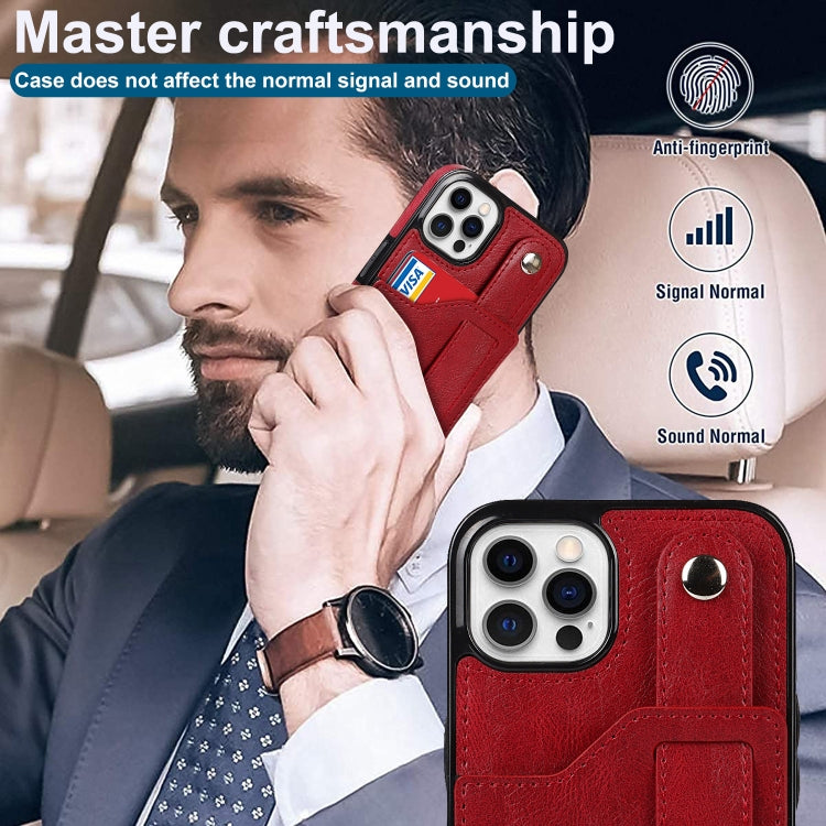 For iPhone 12 / 12 Pro Crazy Horse Texture Shockproof TPU + PU Leather Case with Card Slot & Wrist Strap Holder