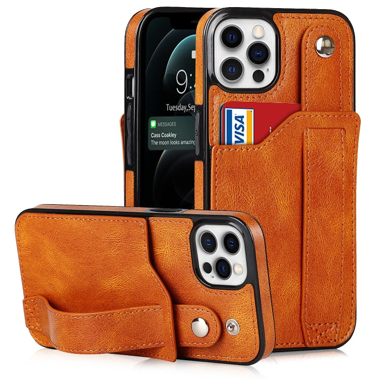 For iPhone 12 / 12 Pro Crazy Horse Texture Shockproof TPU + PU Leather Case with Card Slot & Wrist Strap Holder