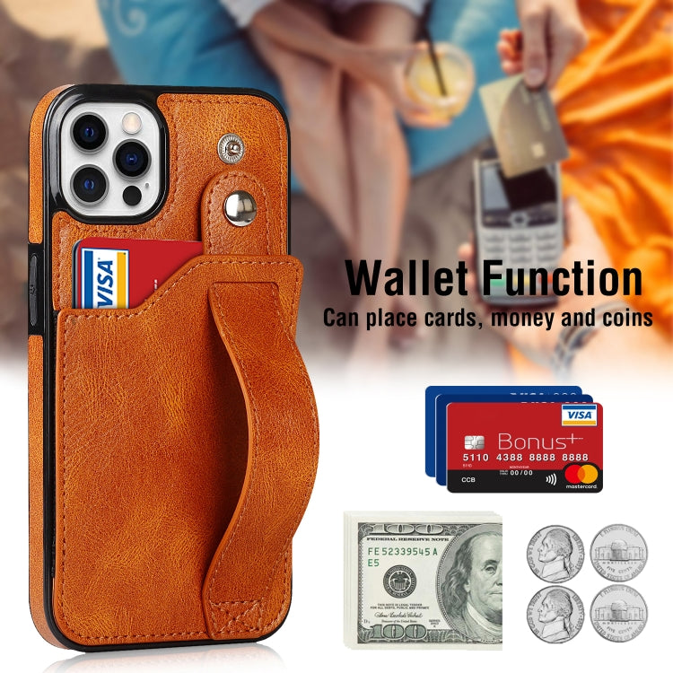 For iPhone 12 / 12 Pro Crazy Horse Texture Shockproof TPU + PU Leather Case with Card Slot & Wrist Strap Holder