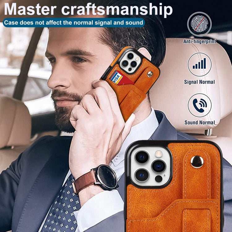 For iPhone 12 / 12 Pro Crazy Horse Texture Shockproof TPU + PU Leather Case with Card Slot & Wrist Strap Holder