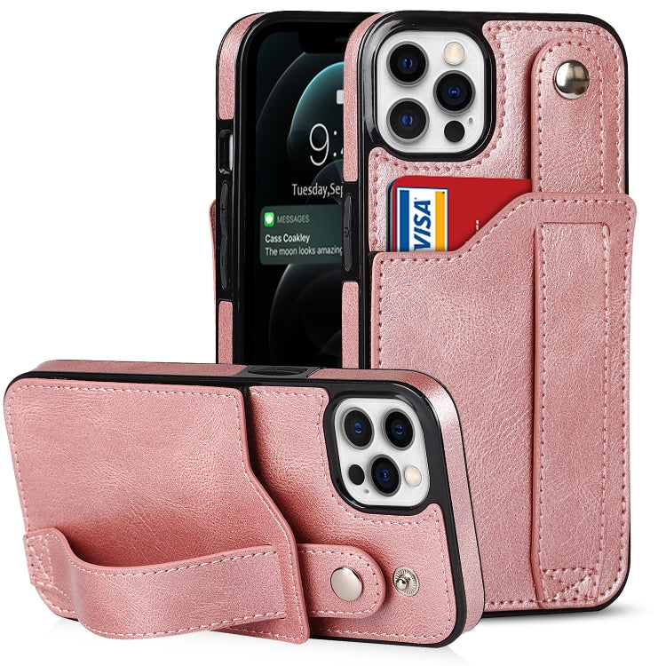 For iPhone 12 / 12 Pro Crazy Horse Texture Shockproof TPU + PU Leather Case with Card Slot & Wrist Strap Holder