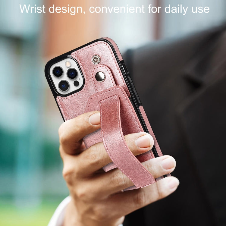 For iPhone 12 / 12 Pro Crazy Horse Texture Shockproof TPU + PU Leather Case with Card Slot & Wrist Strap Holder