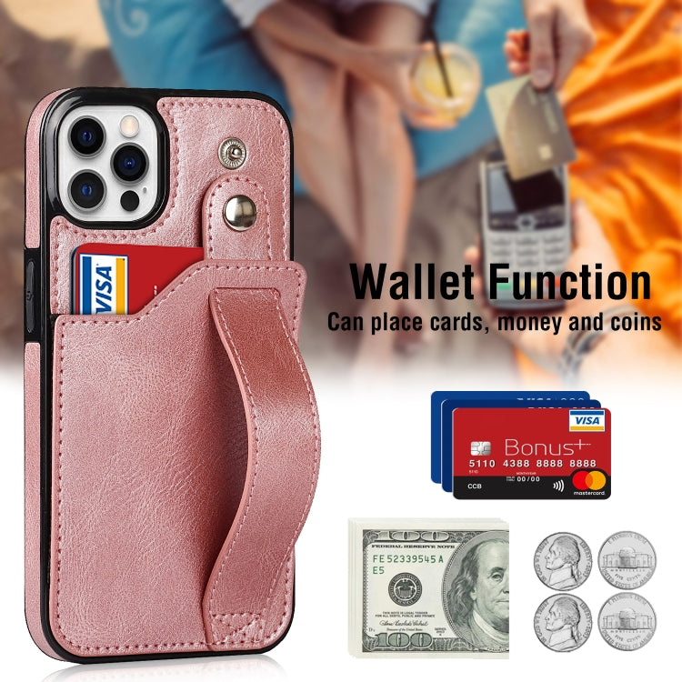 For iPhone 12 / 12 Pro Crazy Horse Texture Shockproof TPU + PU Leather Case with Card Slot & Wrist Strap Holder