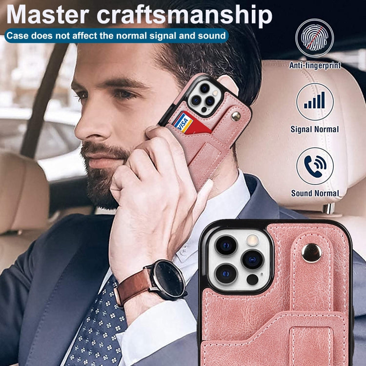 For iPhone 12 / 12 Pro Crazy Horse Texture Shockproof TPU + PU Leather Case with Card Slot & Wrist Strap Holder