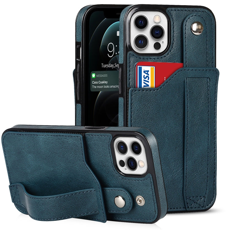 For iPhone 12 / 12 Pro Crazy Horse Texture Shockproof TPU + PU Leather Case with Card Slot & Wrist Strap Holder