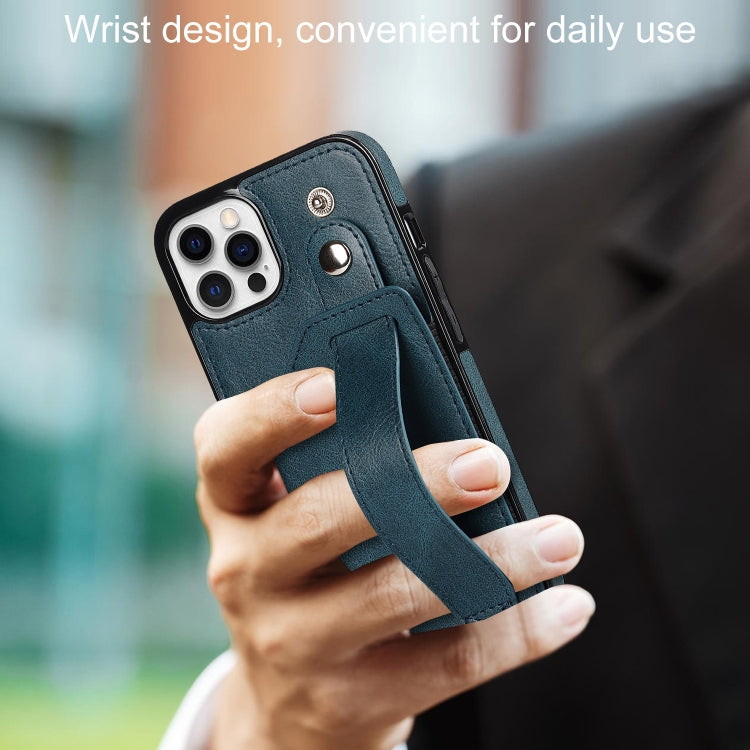 For iPhone 12 / 12 Pro Crazy Horse Texture Shockproof TPU + PU Leather Case with Card Slot & Wrist Strap Holder