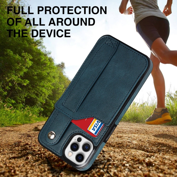 For iPhone 12 / 12 Pro Crazy Horse Texture Shockproof TPU + PU Leather Case with Card Slot & Wrist Strap Holder