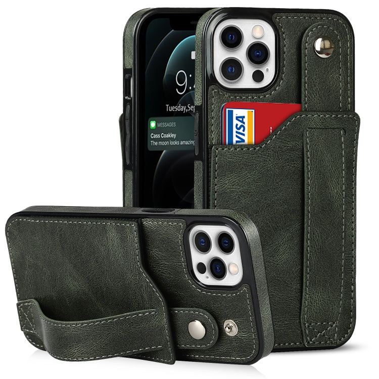 For iPhone 12 / 12 Pro Crazy Horse Texture Shockproof TPU + PU Leather Case with Card Slot & Wrist Strap Holder