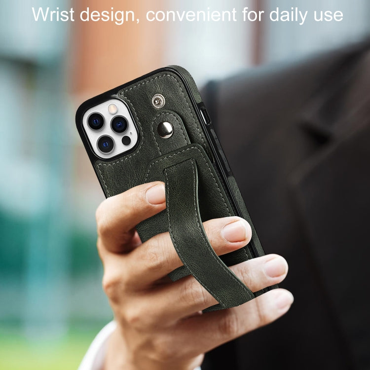 For iPhone 12 / 12 Pro Crazy Horse Texture Shockproof TPU + PU Leather Case with Card Slot & Wrist Strap Holder