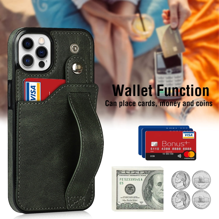 For iPhone 12 / 12 Pro Crazy Horse Texture Shockproof TPU + PU Leather Case with Card Slot & Wrist Strap Holder