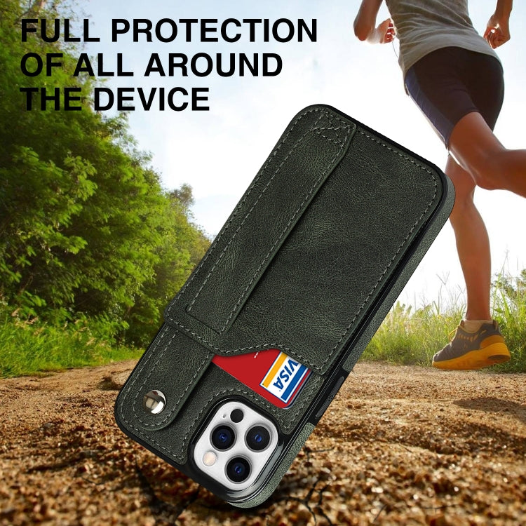 For iPhone 12 / 12 Pro Crazy Horse Texture Shockproof TPU + PU Leather Case with Card Slot & Wrist Strap Holder