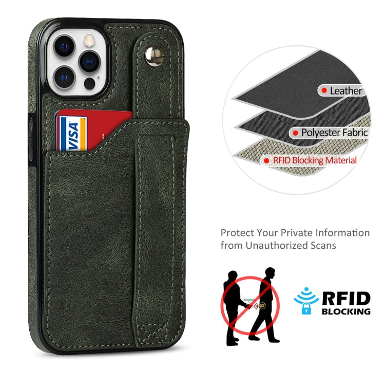 For iPhone 12 / 12 Pro Crazy Horse Texture Shockproof TPU + PU Leather Case with Card Slot & Wrist Strap Holder