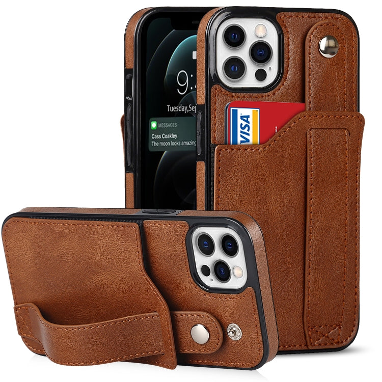 For iPhone 12 / 12 Pro Crazy Horse Texture Shockproof TPU + PU Leather Case with Card Slot & Wrist Strap Holder