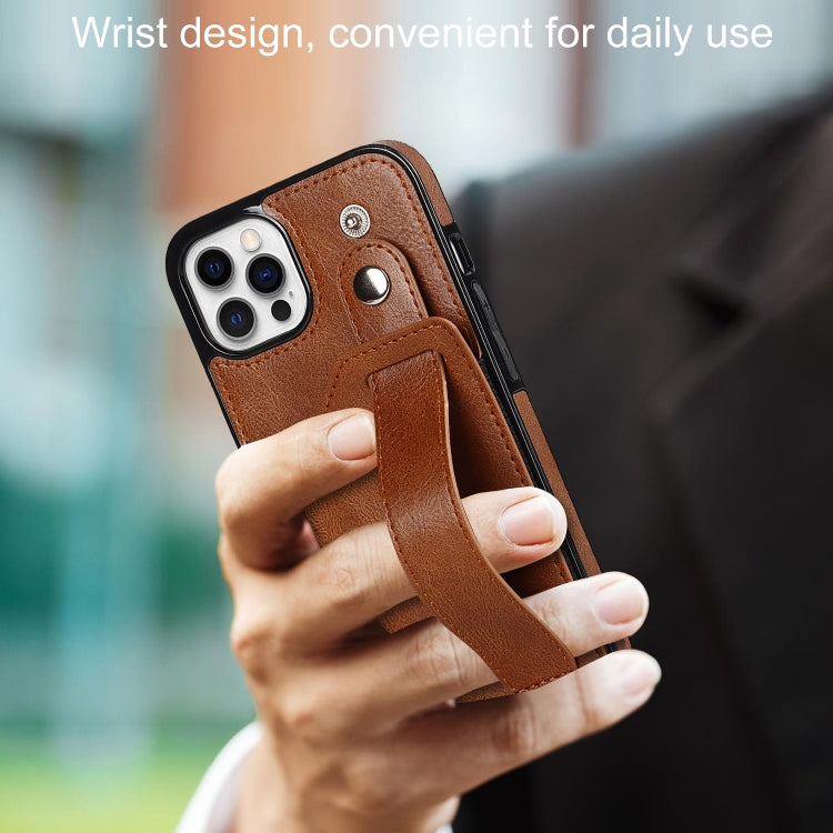For iPhone 12 / 12 Pro Crazy Horse Texture Shockproof TPU + PU Leather Case with Card Slot & Wrist Strap Holder