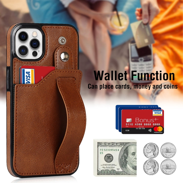 For iPhone 12 / 12 Pro Crazy Horse Texture Shockproof TPU + PU Leather Case with Card Slot & Wrist Strap Holder