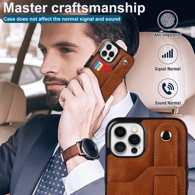 For iPhone 12 / 12 Pro Crazy Horse Texture Shockproof TPU + PU Leather Case with Card Slot & Wrist Strap Holder