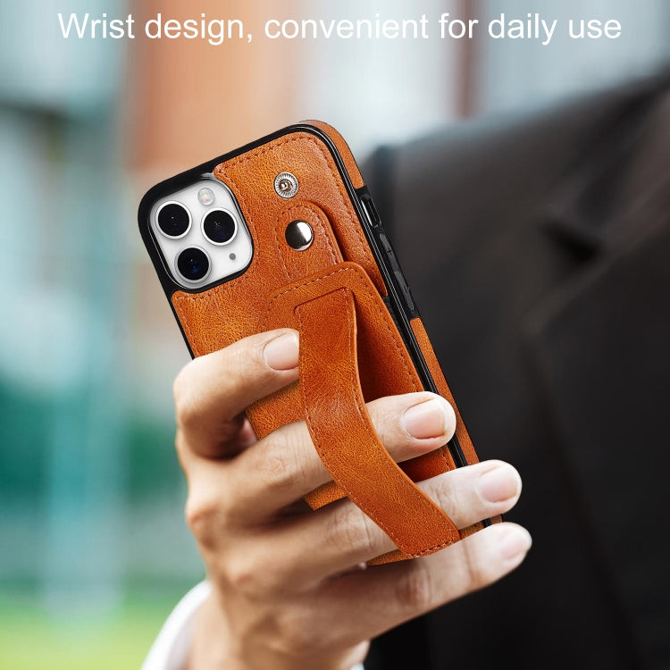 For iPhone 11 Pro Crazy Horse Texture Shockproof TPU + PU Leather Case with Card Slot & Wrist Strap Holder