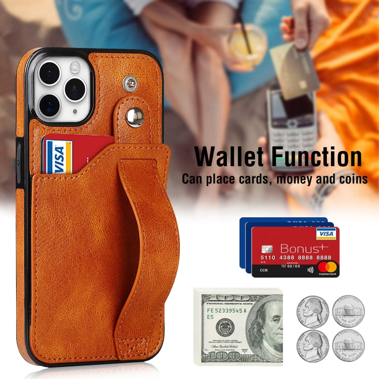 For iPhone 11 Pro Crazy Horse Texture Shockproof TPU + PU Leather Case with Card Slot & Wrist Strap Holder