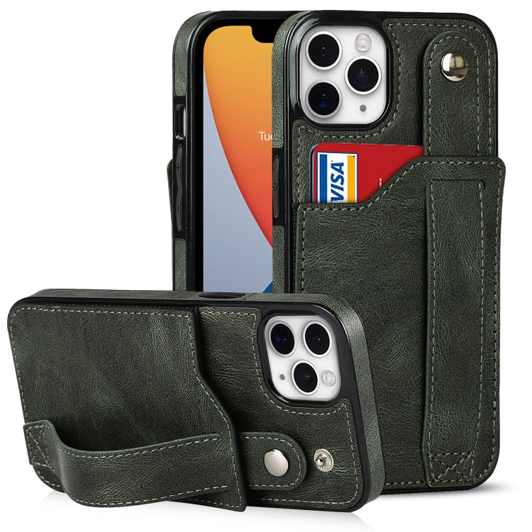 For iPhone 11 Pro Crazy Horse Texture Shockproof TPU + PU Leather Case with Card Slot & Wrist Strap Holder