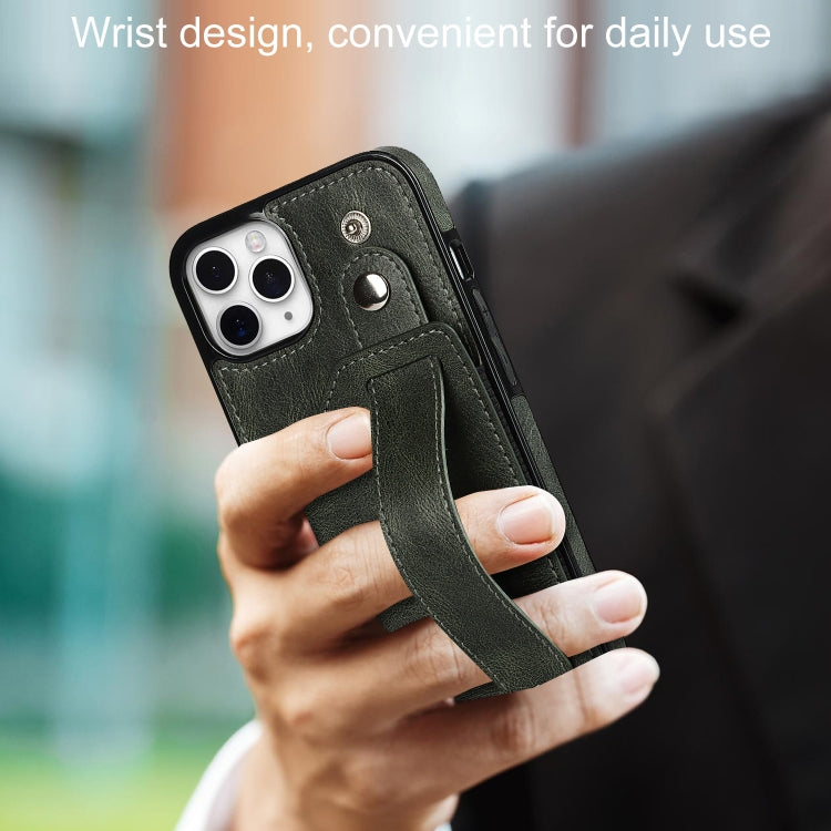 For iPhone 11 Pro Crazy Horse Texture Shockproof TPU + PU Leather Case with Card Slot & Wrist Strap Holder