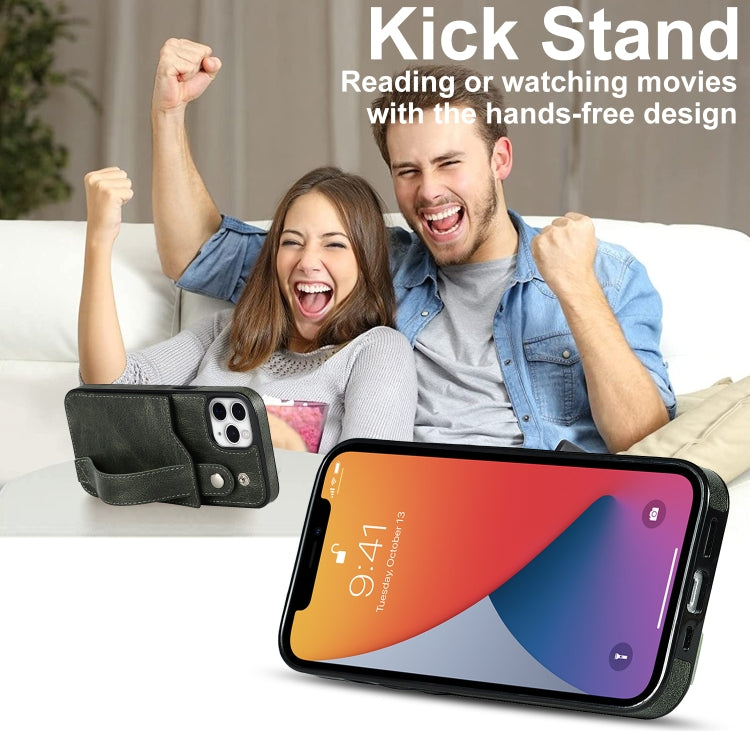 For iPhone 11 Pro Crazy Horse Texture Shockproof TPU + PU Leather Case with Card Slot & Wrist Strap Holder
