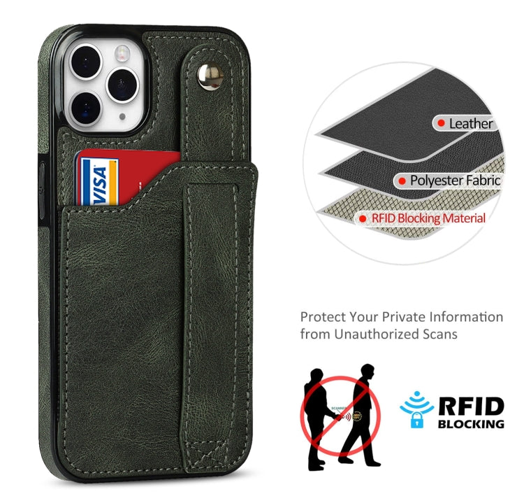 For iPhone 11 Pro Crazy Horse Texture Shockproof TPU + PU Leather Case with Card Slot & Wrist Strap Holder