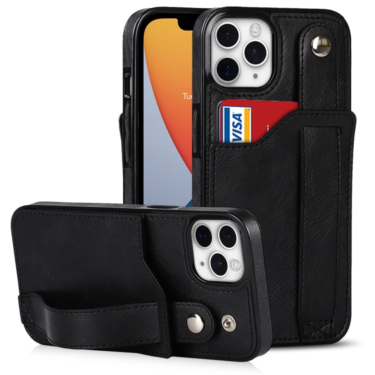 For iPhone 11 Pro Max Crazy Horse Texture Shockproof TPU + PU Leather Case with Card Slot & Wrist Strap Holder