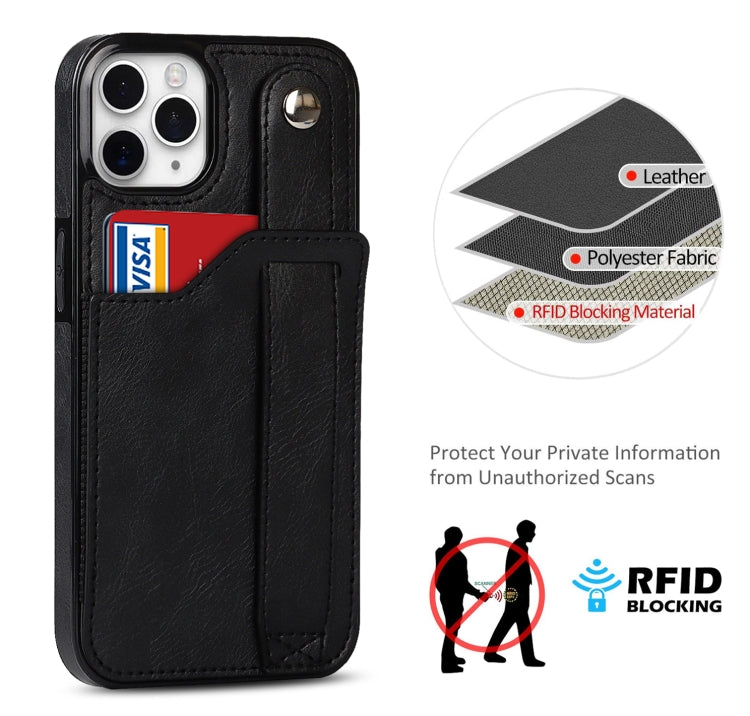 For iPhone 11 Pro Max Crazy Horse Texture Shockproof TPU + PU Leather Case with Card Slot & Wrist Strap Holder