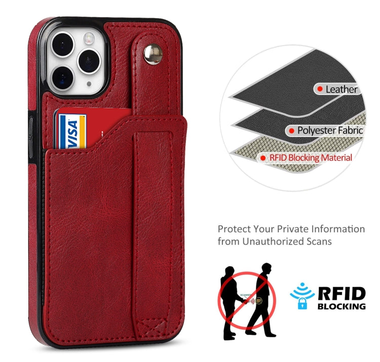 For iPhone 11 Pro Max Crazy Horse Texture Shockproof TPU + PU Leather Case with Card Slot & Wrist Strap Holder