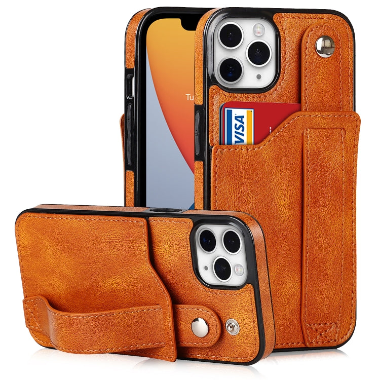 For iPhone 11 Pro Max Crazy Horse Texture Shockproof TPU + PU Leather Case with Card Slot & Wrist Strap Holder