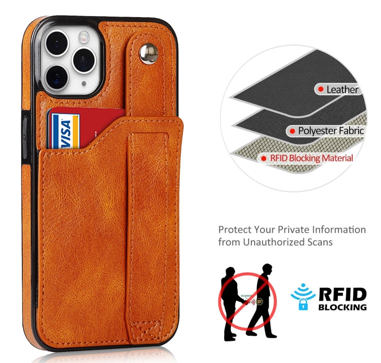 For iPhone 11 Pro Max Crazy Horse Texture Shockproof TPU + PU Leather Case with Card Slot & Wrist Strap Holder