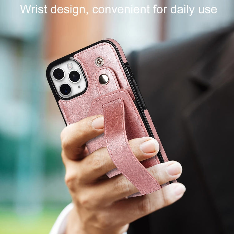 For iPhone 11 Pro Max Crazy Horse Texture Shockproof TPU + PU Leather Case with Card Slot & Wrist Strap Holder