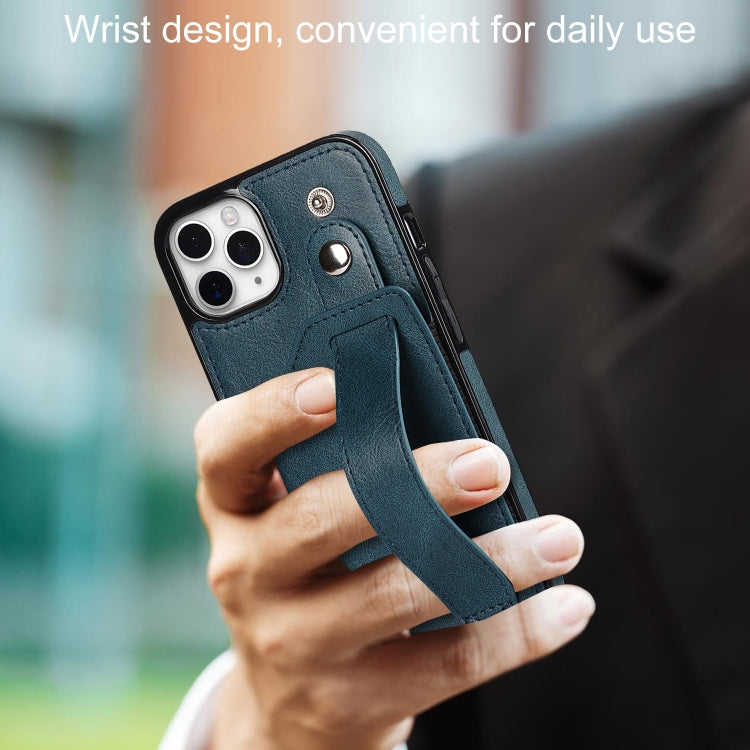 For iPhone 11 Pro Max Crazy Horse Texture Shockproof TPU + PU Leather Case with Card Slot & Wrist Strap Holder