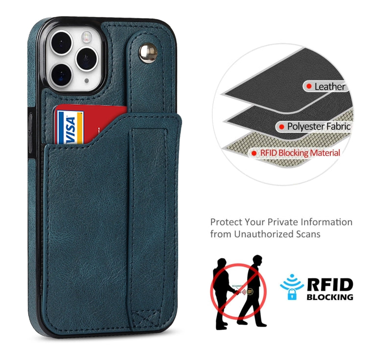 For iPhone 11 Pro Max Crazy Horse Texture Shockproof TPU + PU Leather Case with Card Slot & Wrist Strap Holder